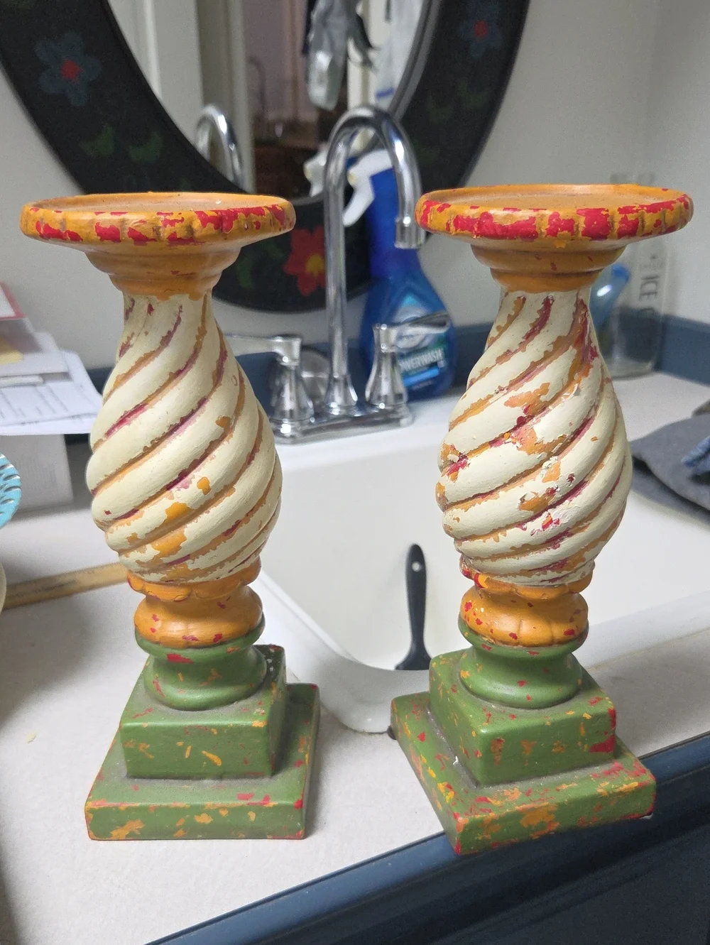 Hand-Painted Swirl Wood Candle Holders in Green and Cream
